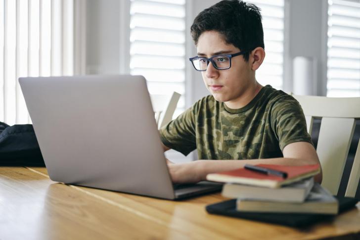 Student learning from a computer at home